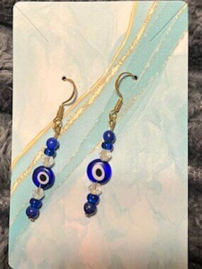 Cute Blue Evil Eye Beaded Drop Earrings NEW